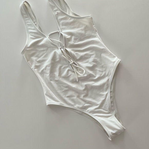 Other - White One-Piece Swimsuit Deep V with Lace-up Front Size Small NWT
